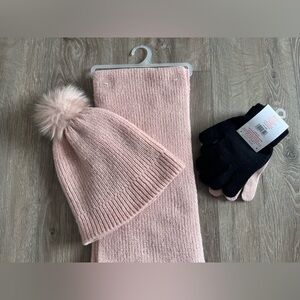 Pink Knit Pom Hat with Matching Scarf and gloves set